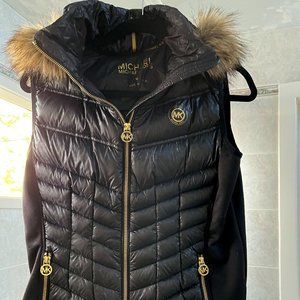 Michael Kors Black Puffer Vest with Fur Lined Hood
